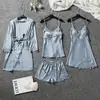 Pijama de Seda de Hielo para Mujer, Sexy de Verano con Manga Larga, Camisola de Encaje, Bata, Conjunto de Cinco Piezas, Transmisión en Vivo de Douyin con Almohadillas en el Pecho, Ropa de Casa