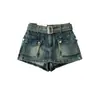 Calça-Saia Jeans Wide-Leg Elástica Versátil Estilo Vintage Lavado com Bolsos Grandes e Cinto, Estilo Verão