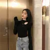 Camiseta Básica de Cuello Alto y Hilo para Mujer en Otoño e Invierno, Ropa Interior Elegante, Top Ajustado, Camiseta de Manga Larga con Clavícula Expuesta