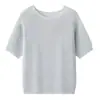 Nuevo top de punto de manga corta de color caramelo para verano hecho de seda y hilo de papel lyocell, camisa casual de protección solar con cuello redondo para mujer