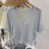 Nuevo Cárdigan de Manga Corta para Verano Ropa Exterior Tejido Fino Hueco Blusa Diseño Femenino Top Corto con Cuello en V y Cordón