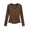 Camiseta de Manga Longa com Gola Coração Estilo Desejo Puro, Ajuste na Cintura, Forrada com Fleece, Moda Versátil Elegante para Outono e Inverno, Cor Sólida, Peça Básica para Mulheres
