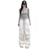Calça Cargo Feminina com Cordão Colorido Contrastante Nova Coleção Primavera Outono Cintura Alta Multi-Bolsos Caimento Afinando Casual Perna Larga