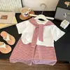 Estilo Nuevo de Verano Conjunto de Dos Piezas para Bebé: Chal Rayado y Pantalones de Pierna Ancha de Manga Corta, Versión Coreana para Niñas, Moderno y Elegante, Amigable con la Piel, Transpirable