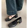 Sapatos Mary Jane Retrô Franceses para Mulheres 2025 Outono Novo Estilo Bico Quadrado Raso Salto Médio Grosso com Saia Sapatos Rasteiros
