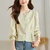 Camisa Floral de Cuello Redondo para Mujer de Manga Larga Nuevo Estilo Primavera 2025 Estilo Pastoral Top Fresco Camisa de Algodón Puro
