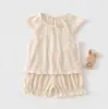 Conjunto Curto de Manga Curta para Bebê Menina, Estilo Verão Fino, Roupa Fofa para Passeio, Conjunto Doce de Duas Peças com Mangas de Sino e Jacquard para Bebê
