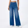 Calça Jeans Feminina de Cintura Alta, Perna Larga, com Efeito Desgastado e Bigodes, Calça Reta Elástica, Calça Solta Emagrecedora, Calça Jeans Longa Transfronteiriça