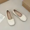 Sapatos de Salto Baixo Plissados Versáteis Estilo Coreano Novos para Primavera e Outono Sapatos de Lona Sapatos de Vovó Retrô Sapatos Rasos Femininos