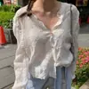 Nueva camisa elegante de otoño estilo coreano para mujer con diseño único, intrincado bordado floral, encaje, mangas de campana y mangas largas