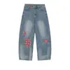 Jeans de Mujer Transfronterizos Calle Alta Americana Pantalones Casuales de Pierna Ancha con Caída Parcheados de Trabajo Pesado Lavado Retro