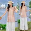 Conjunto de Dos Piezas de Lino con Pantalones Anchos y Top Bordado con Botones Estilo Chino Nuevo en Stock con Bordado Pesado, Se Puede Vender por Separado