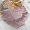 Ropa interior sexy de seda helada de cintura media para mujer, con borde de encaje jacquard y lazo, de seda antibacteriana, en la entrepierna inferior, bragas finas para mujer