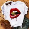 Camiseta de manga corta para mujer moda labios estampados estación independiente talla europea talla grande camiseta básica cuello redondo