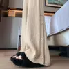 Calça de Malha Canelada Lisa Solta com Botão, Perna Larga para Mulheres, Estilo Outono e Inverno, Cintura Alta, Emagrecimento, Barra Dividida, Comprimento Total, Cintura Elástica