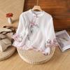 Blusa de Algodón y Lino Bordada Étnica Estilo Vintage de Verano con Cuello Mao y Botonadura Diagonal, Mangas Tres Cuartos, para Mujer
