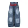 Jeans de mezclilla lavada con letras flocadas estilo americano, unisex, nueva colección de otoño, corte holgado, pantalones largos rectos anchos de pierna ancha, modernos