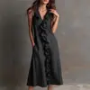 Novo Vestido Feminino de Verão 2026 Elegante Sem Mangas Cor Sólida Decote V Bainha com Babados Longo