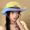 Nuevo Sombrero de Pescador Retro de Trabajo con Bloques de Color y Letras para Mujer, Sombrero de Sol para Senderismo al Aire Libre en Verano, Sombrero de Montañismo con Protección Solar
