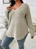 2024 Amazon Otoño e Invierno Nuevo Top de Color Sólido Talla Grande para Mujer Cuello en V Manga Larga Camiseta de Canalé Cepillada Holgada Pulóver