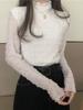 Camiseta base de malla plisada acolchada de terciopelo no abultada para mujer, nueva para otoño e invierno, camiseta de encaje para mujer con cuello medio alto
