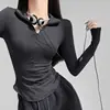 Primavera 2025 Novo Spice Girl Puro Stretch Justa Slim Gola Lapela Manga Longa Cintura Base de Lã Camiseta Top