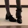 Versión de piel de vaca~zapatos Mary Jane de punta redonda y tacón grueso con lazo, zapatos de tacón alto sin cordones, mocasines de suela gruesa