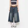 Jeans Feminino Cropped de Perna Larga, Novo Estilo de Verão, Shorts Reto Solto Vintage Lavado Retro Americano Unissex, Tendência