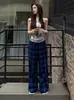 Pantalones de pierna ancha a cuadros azules y negros de estilo británico transfronterizo, nuevo estilo de verano, de cintura alta, adelgazantes, fluidos, holgados, casuales, largos hasta el suelo