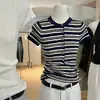 Item Popular Recomendado~ Blusa de Tricô Listrada com Gola Henley de Manga Curta para Mulheres, Pulôver de Verão High-End Slim-Fit