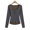 AP24017-24 primavera temprana nuevo estilo americano de deseo puro contraste de color encaje dos piezas falsas cuello en U corte ajustado camiseta de manga larga