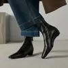 Botas Curtas Slim de Couro Genuíno Elástico com Salto Bloco Quadrado Salto Escondido 2026 Outono Novo Estilo Botas Curtas Botas de Moda Sapatos Retrô Femininos