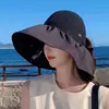 Chapéu de Pescador de Verão Feminino com Proteção Solar e Abertura para Rabo de Cavalo, Chapéu de Sol Preto de Aba Larga com Bloqueio UV