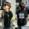 Camiseta de manga larga de algodón puro para niños, moda de primavera y otoño, camiseta básica a rayas de retazos holgada de moda para niños mayores