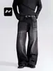 Jeans Negros Estilo Retro Americano Yifeng para Hombres y Mujeres, Estilo Streetwear Suelto, Lavados y Desgastados, Pantalones Casuales de Pierna Ancha Rectos de Moda