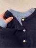 Cárdigan de punto falso de dos piezas azul marino de alta calidad para mujer, otoño e invierno, holgado, con cuello redondo, suave y encerado.