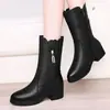 Botas de cuero suave hasta la mitad de la pantorrilla para mujer, nuevos estilos de otoño e invierno, forradas de felpa para abrigar, botas de tacón medio robustas, botas de algodón para mujer, botas de nieve