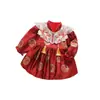 Vestido Nuevo de Otoño para Bebé Niña de Un Año Rojo Festivo Estilo Chino Vestido para Fiesta de Cumpleaños Estilo Chino Vestido para Fiesta de Cumpleaños de Un Año Vestido con Corona para Fiesta