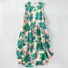 Vestido Casual de Algodão Puro com Estampa Digital Nova, Gola Redonda, Sem Mangas, Comprimento Médio, Para Mulheres, Verão na Praia