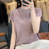 Nuevo Estilo Primavera y Verano Camiseta de Punto para Mujer Manga Corta de Tencel con Borde de Organza, Holgada, Encaje Calado, Versátil, Moderna