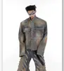 2025 Conjunto de Chaqueta de Mezclilla Vintage Retro Desgastado Estilo Wasteland Chaqueta Resistente Vintage Jeans de Boca Ancha Moda para Hombre