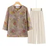 Conjunto de camisa transpirable de manga corta para mujeres mayores en verano, conjunto ligero de dos piezas de blusa de brocado fino para mujeres de 70-80 años