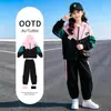 Conjunto de moletom com capuz e blocos de cor para meninas, outono e primavera, conjunto esportivo casual de duas peças para crianças mais velhas, jaqueta cardigã e calça comprida infantis