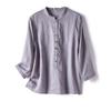 Ligero, Transpirable, Fresco, Textura de Ramio, Botón de Madera, Media Botonadura, Cuello Mao, Manga Tres Cuartos, Camisa Pullover para Mujer