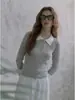 Suéter de punto trenzado estilo francés minimalista de cuello alto para mujer, casual de principios de otoño, rejuvenecedor, corte ajustado, cárdigan de punto base de manga larga con patchwork