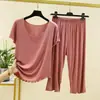 Nuevo Conjunto de Manga Corta de Modal + Pantalones Cortos para Mujer, Holgado y Adecuado para Usar al Aire Libre, Conjunto de Dos Piezas con Pantalones Cortos Casuales con Volantes