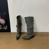 0666-5~Botas Longas Salto Grosso Estilo Retrô Francês Cowboy Ocidental Femininas 2026 Novo Estilo Botas Cano Alto Amassadas