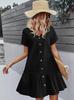 Vestido de mujer de verano 2025 de un solo botón Vestido holgado con bolsillo Bajo con volantes Manga corta casual