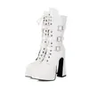 Botas estilo Martin com plataforma e salto alto, tamanhos 34-43, botas femininas de couro envernizado de cano médio, bico fino, zíper lateral, estilo europeu e americano, couro brilhante