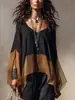 Top de retazos estilo europeo y americano para mujer, con cuello en V, corte holgado, dobladillo asimétrico, mangas anchas transparentes y un diseño fluido y ligero con bloques de color
